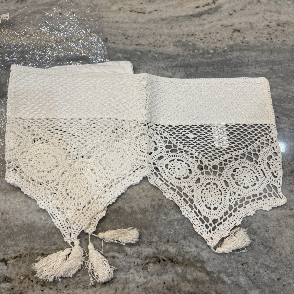 NEW VTG Lace Crochet Valence Curtain Tassel 58" Lot Of 5 Cottage Farmhouse Boho